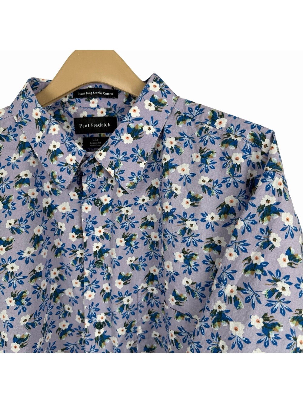Paul Fredrick Shirt 3XLT Mens Blue Floral Short Sleeve Long Staple Cotton‎ Tall